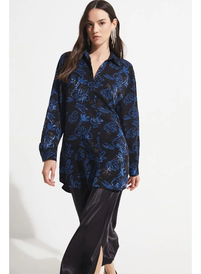 JUNE June Women Exclusive Boyfriend/Wide Fit Rayon Blend Patterned Shirt Black