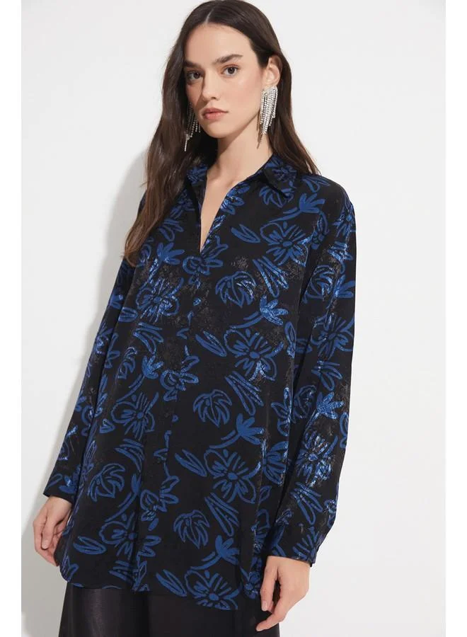 JUNE June Women Exclusive Boyfriend/Wide Fit Rayon Blend Patterned Shirt Black