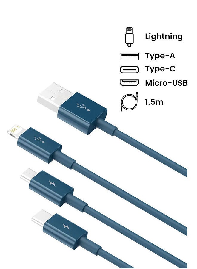 3 in 1 Multi Fast Charging Cable, Compatible with iPhone/Type C/Micro USB Connector for iPhone, iPad, Micro USB, Type C Smartphones, Supports Charging, Smart Port Cable Blue