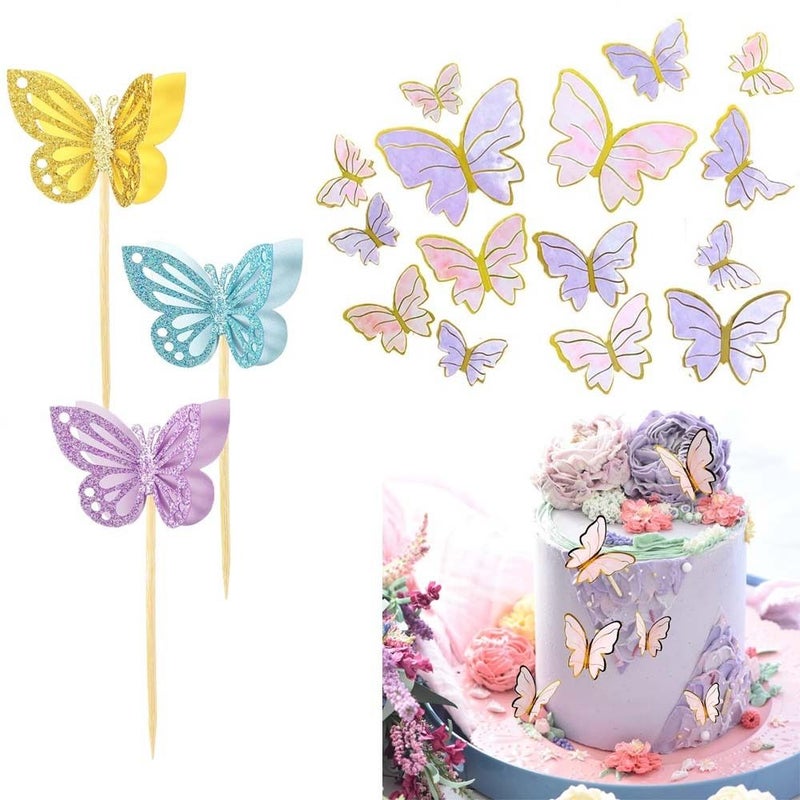 Golden Butterfly Cake Decorations Cupcake Toppers Birthday Wedding Party - Image 1
