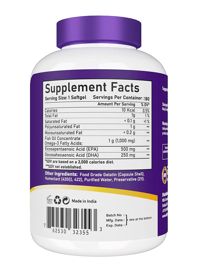 NBL Natural زيت السمك NBL Natural Ultra Omega 3 1000 مجم، 500 EPA، 250 DHA، دعم القلب والأوعية الدموية، 180 كبسولة هلامية  - Image 2