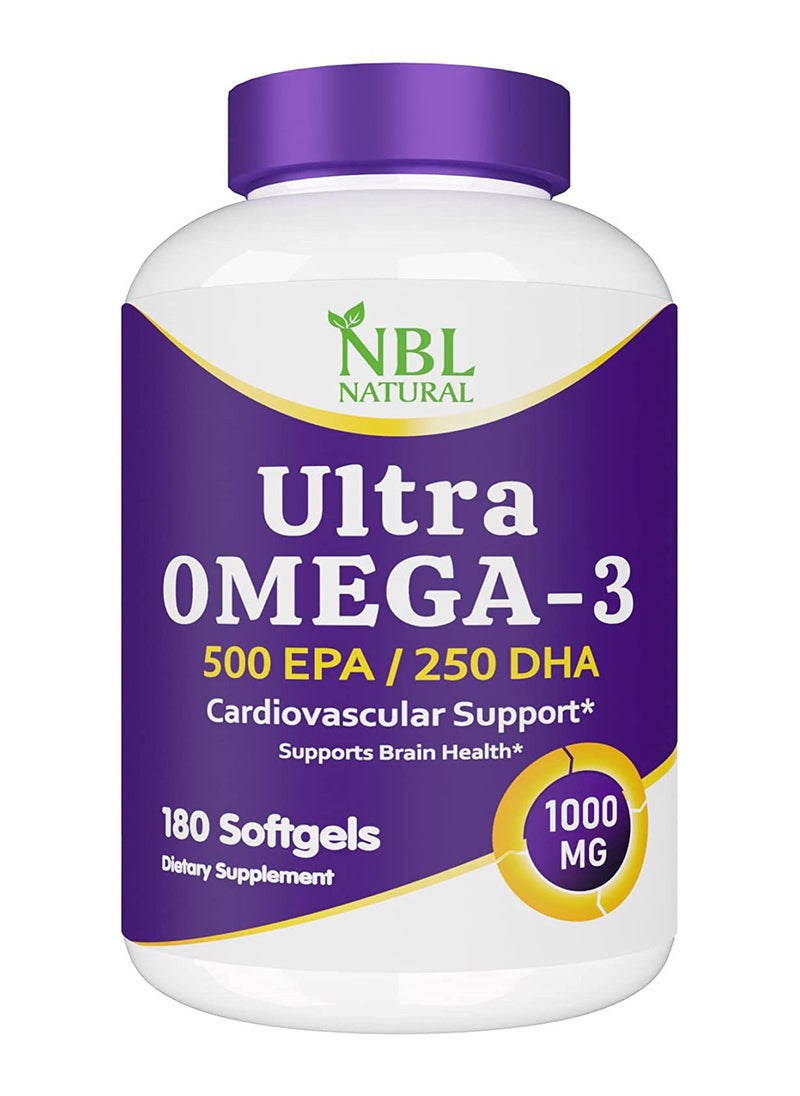 NBL Natural زيت السمك NBL Natural Ultra Omega 3 1000 مجم، 500 EPA، 250 DHA، دعم القلب والأوعية الدموية، 180 كبسولة هلامية  - Image 1