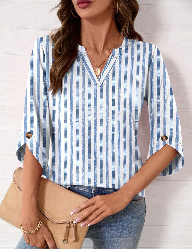 Kistore 3/4 Length Sleeve Shirts for Women Casual Spring Tunic Tops Work Blouses Blue White Stripes XL - Image 2