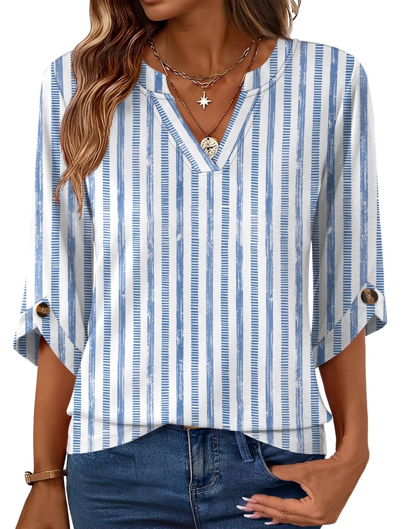 Kistore 3/4 Length Sleeve Shirts for Women Casual Spring Tunic Tops Work Blouses Blue White Stripes XL - Image 1
