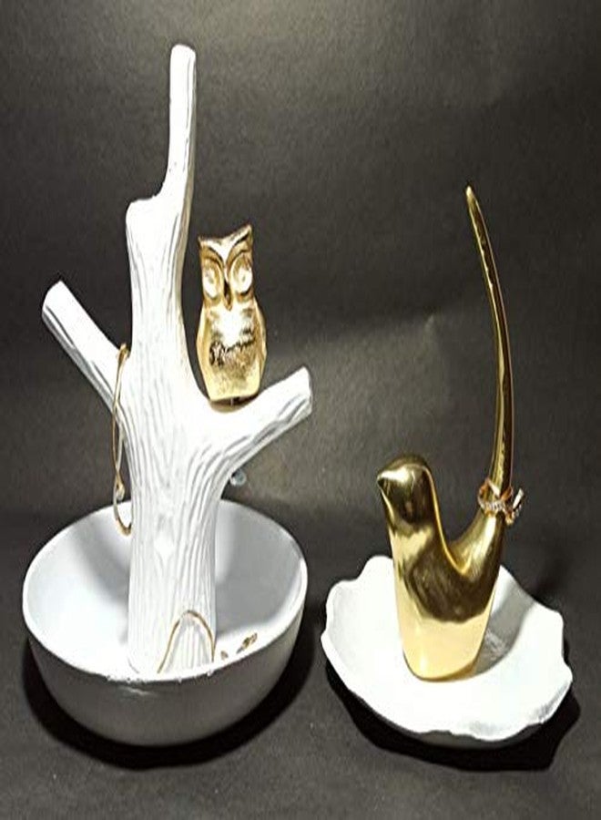 ATRANGEE Bystreet Artisans Home Decorative Desk Table Décor Ornament Jewellery Holder Golden Bird and Owl Figurine White Finish Table Décor Jewelry Organizer Stand - Image 2