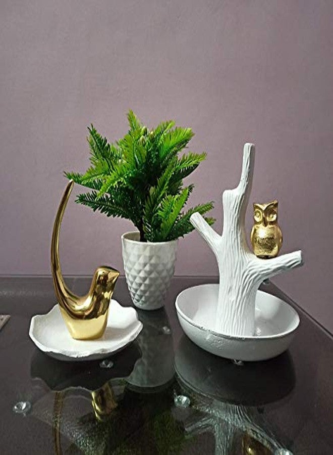 ATRANGEE Bystreet Artisans Home Decorative Desk Table Décor Ornament Jewellery Holder Golden Bird and Owl Figurine White Finish Table Décor Jewelry Organizer Stand - Image 1