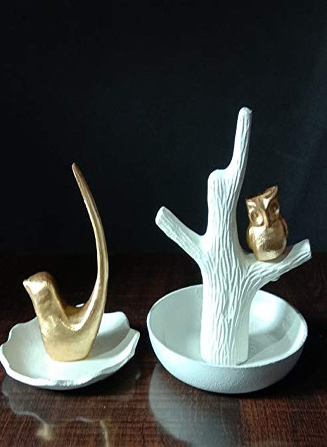 ATRANGEE Bystreet Artisans Home Decorative Desk Table Décor Ornament Jewellery Holder Golden Bird and Owl Figurine White Finish Table Décor Jewelry Organizer Stand - Image 5