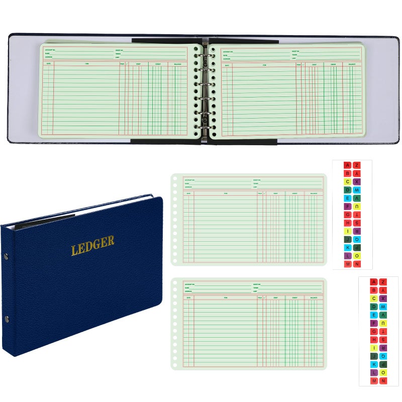 Skyygemm Ring Ledger Binder with 200 Pcs 5"x8.5" Ledger Sheets Small Index Tabs for Bookkeeping Accounting Business with Debit Credit Balance Columns(Blue Cover, Yellow Sheets) - Image 1