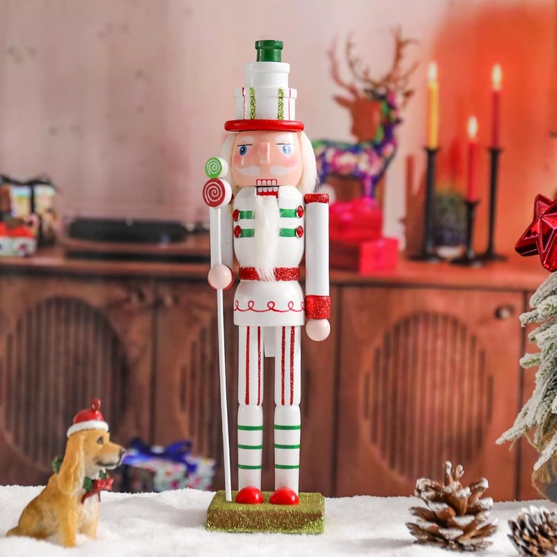 CHONSUN Christmas Nutcracker Decorations Nutcracker Figure 12 Inch Wooden Nutcrackers Lollipop Sugar Nutcracker Soldier for Table Desktop Home Christmas Decor Xmas Indoor Decor White - Image 3