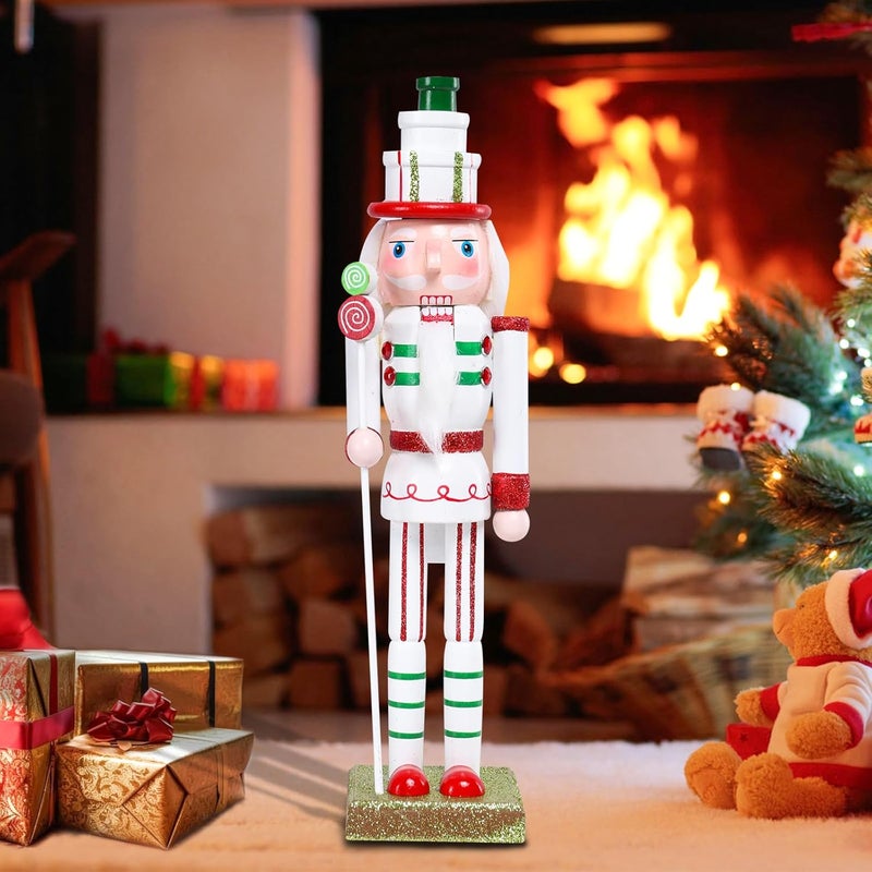 CHONSUN Christmas Nutcracker Decorations Nutcracker Figure 12 Inch Wooden Nutcrackers Lollipop Sugar Nutcracker Soldier for Table Desktop Home Christmas Decor Xmas Indoor Decor White - Image 2