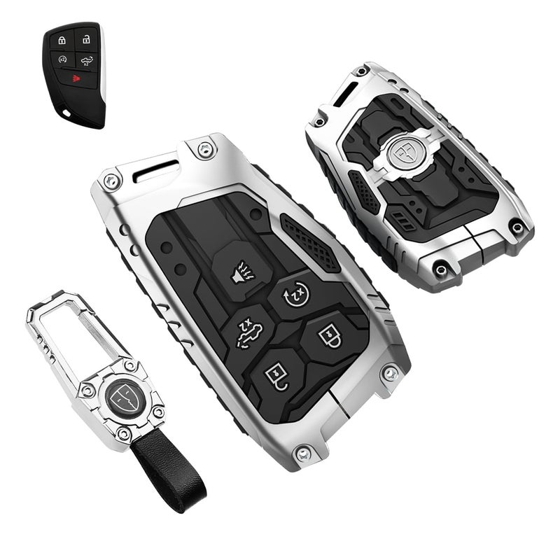 QBUC for Chevy Heavy Key fob Cover for Chevy 2022 2023 2024 2025 Silverado 1500 GMC Sierra 1500 Metal Key Case for Chevrolet Tahoe 2024 2025 Silverado Sierra 2500HD 3500HD Key Protector 5 Buttons
