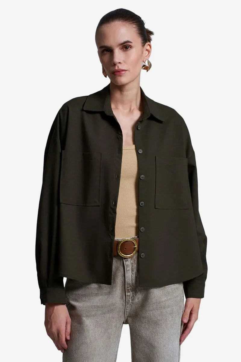 Dilvin Khaki Green DILVIN Oversized Crepe Button-Front Shirt for Women | Best Price UAE