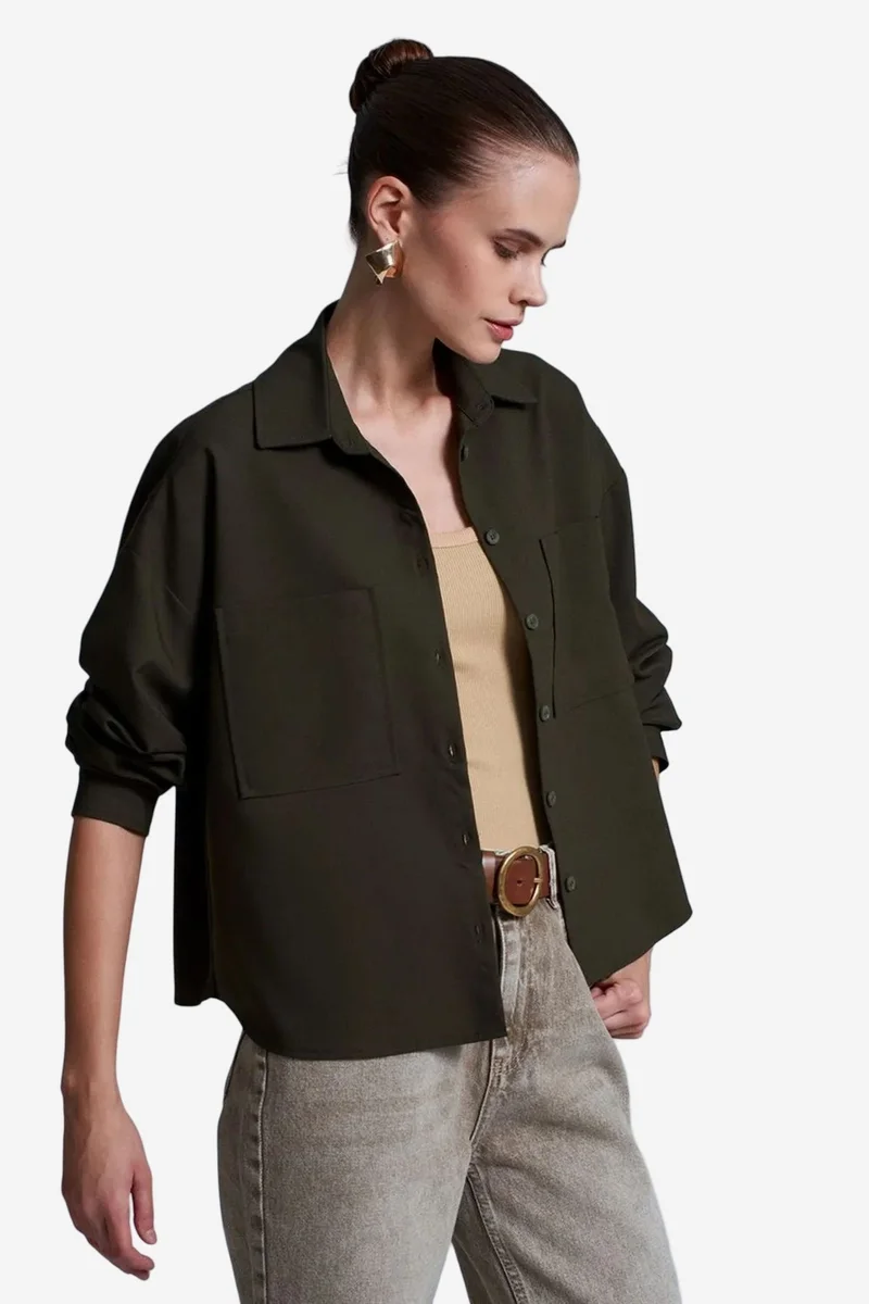 Dilvin Khaki Green DILVIN Oversized Crepe Button-Front Shirt for Women | Best Price UAE