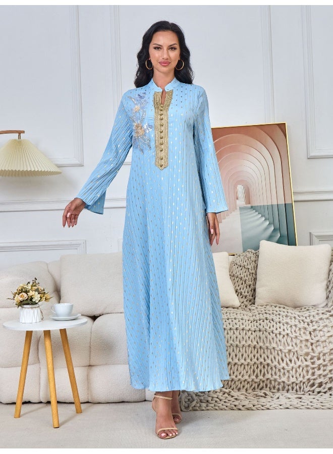 Madam Uniq Blue Long Sleeve Vintage INS Muslim Dress with Sequined Embellished Collar - Image 5