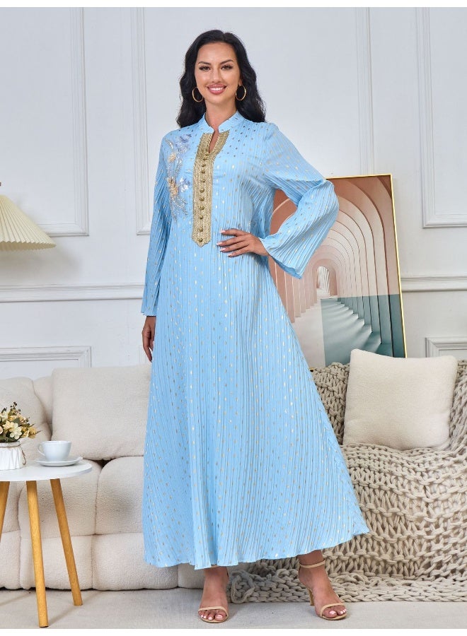 Madam Uniq Blue Long Sleeve Vintage INS Muslim Dress with Sequined Embellished Collar - Image 4