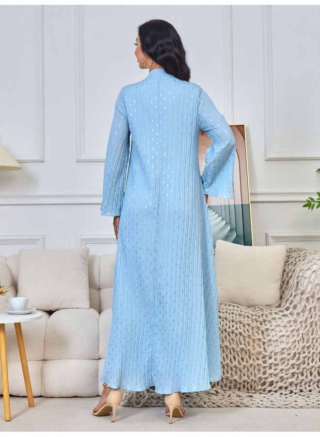 Madam Uniq Blue Long Sleeve Vintage INS Muslim Dress with Sequined Embellished Collar - Image 2