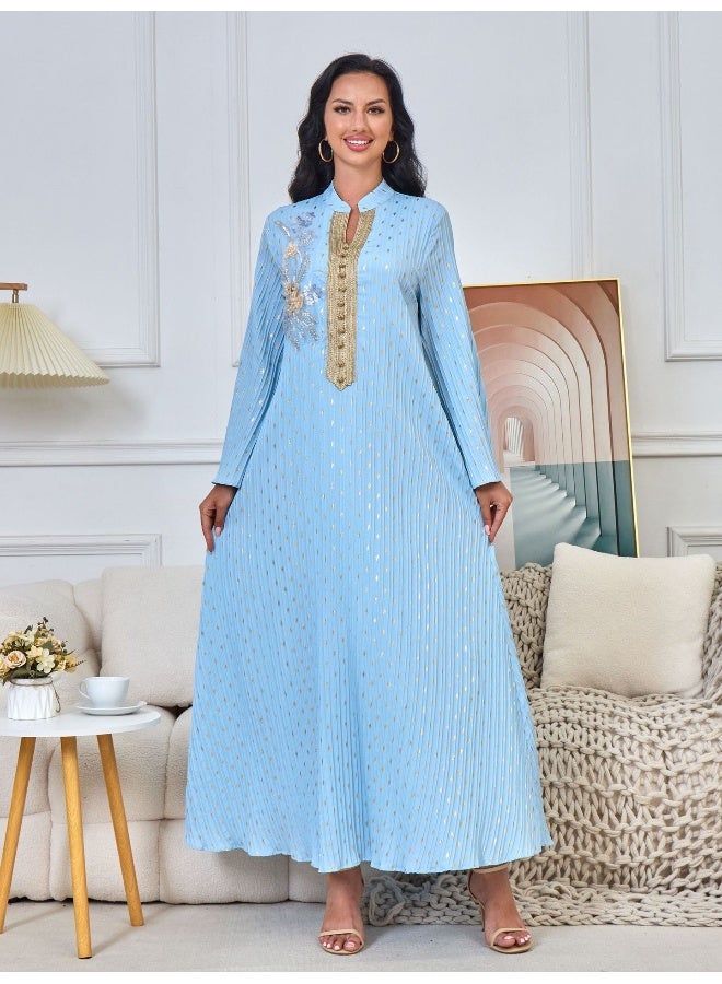 Madam Uniq Blue Long Sleeve Vintage INS Muslim Dress with Sequined Embellished Collar - Image 1