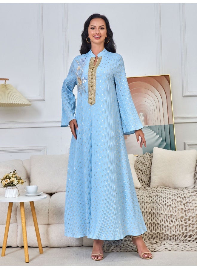Madam Uniq Blue Long Sleeve Vintage INS Muslim Dress with Sequined Embellished Collar - Image 3