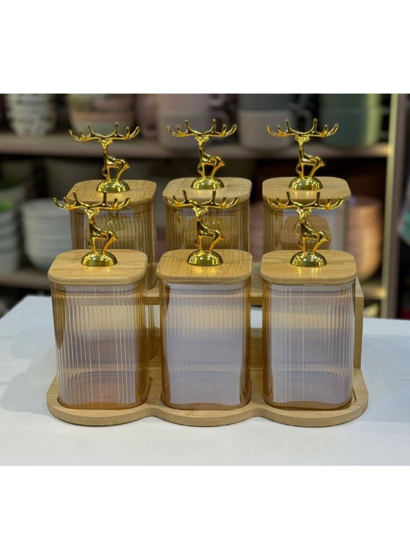 Candy set, spices and seasonings, and possibly a honey-colored ribbed glass coffee set with a wooden cover + silicone gasket to prevent ventilation + a wooden stand with a gazelle handle. The set consists of 6 pieces. - Image 2
