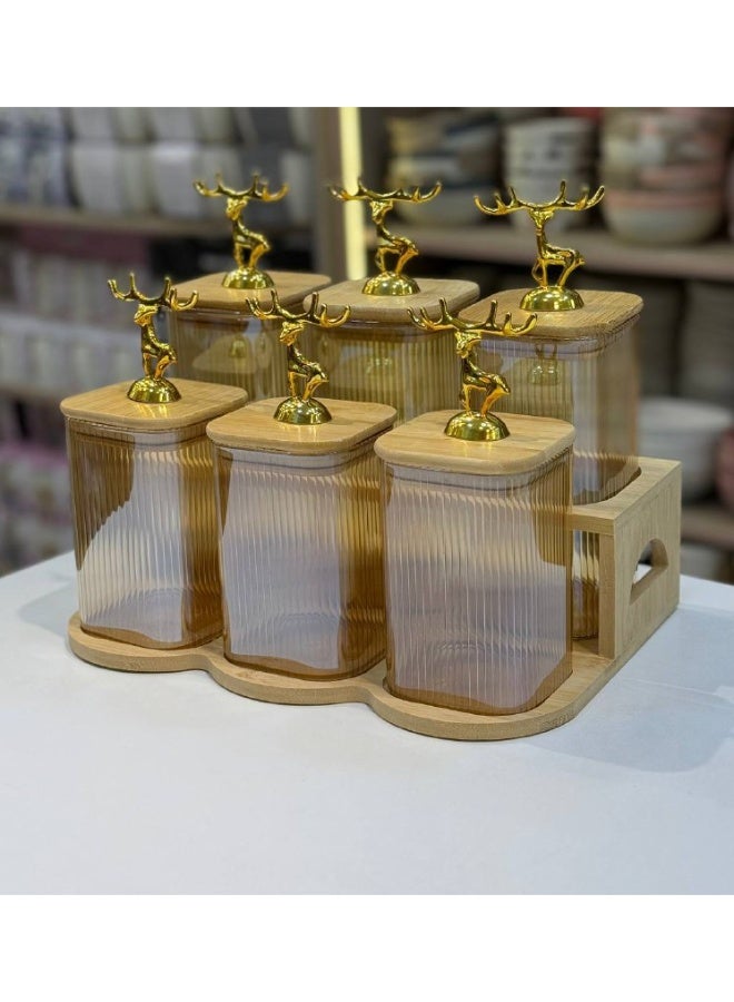 Candy set, spices and seasonings, and possibly a honey-colored ribbed glass coffee set with a wooden cover + silicone gasket to prevent ventilation + a wooden stand with a gazelle handle. The set consists of 6 pieces. - Image 3
