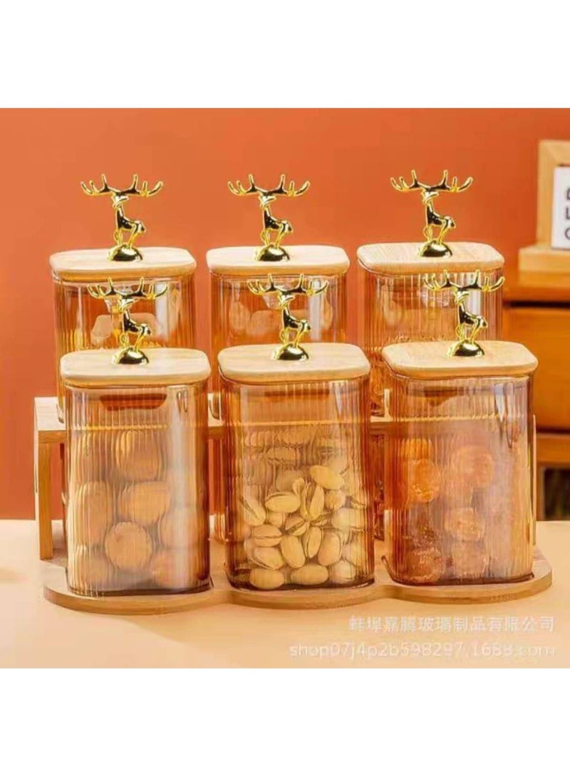 Candy set, spices and seasonings, and possibly a honey-colored ribbed glass coffee set with a wooden cover + silicone gasket to prevent ventilation + a wooden stand with a gazelle handle. The set consists of 6 pieces. - Image 4