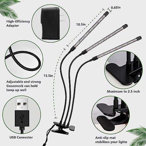 zyzykeji LED Grow Light, 3 Heads Red Blue White Full Spectrum Plant Light with Clamp for Indoor Plants & Seed Starting, 10-Level Dimmable, Auto On Off, Timing 4 9 12Hrs - Image 2