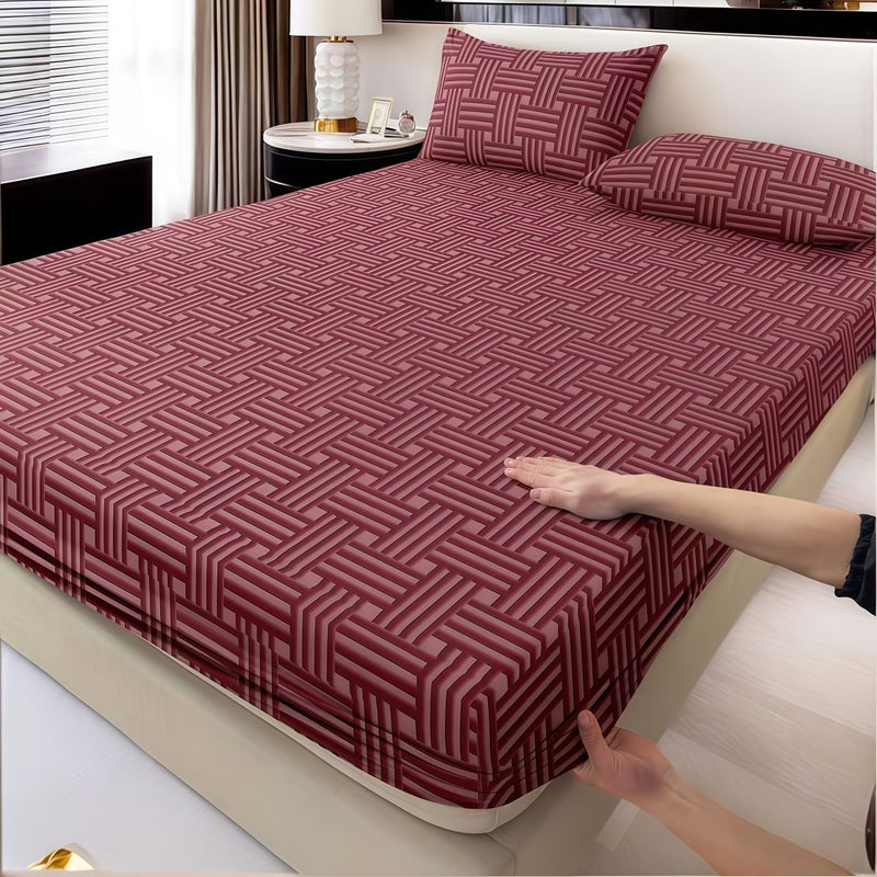 3pcs Pink Twin Fitted Sheet Mattress Protector Set Geometric Pattern Printed Brushed Polyester Bedspread Soft Skin Friendly Bedding for Home Bedroom Dormitory Hotel with 2 Pillowcases No Pillow - Image 4