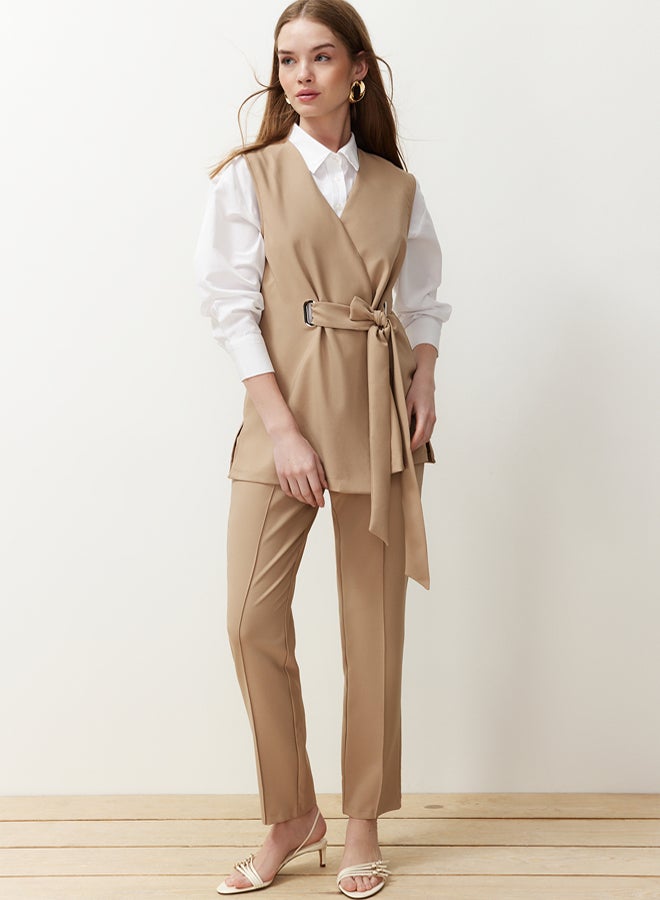 trendyol Camel Accessory Detailed Woven Fabric Vest Trousers Bottom Top Set TCTSS24US00035 - Image 2