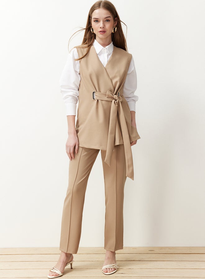 trendyol Camel Accessory Detailed Woven Fabric Vest Trousers Bottom Top Set TCTSS24US00035 - Image 1