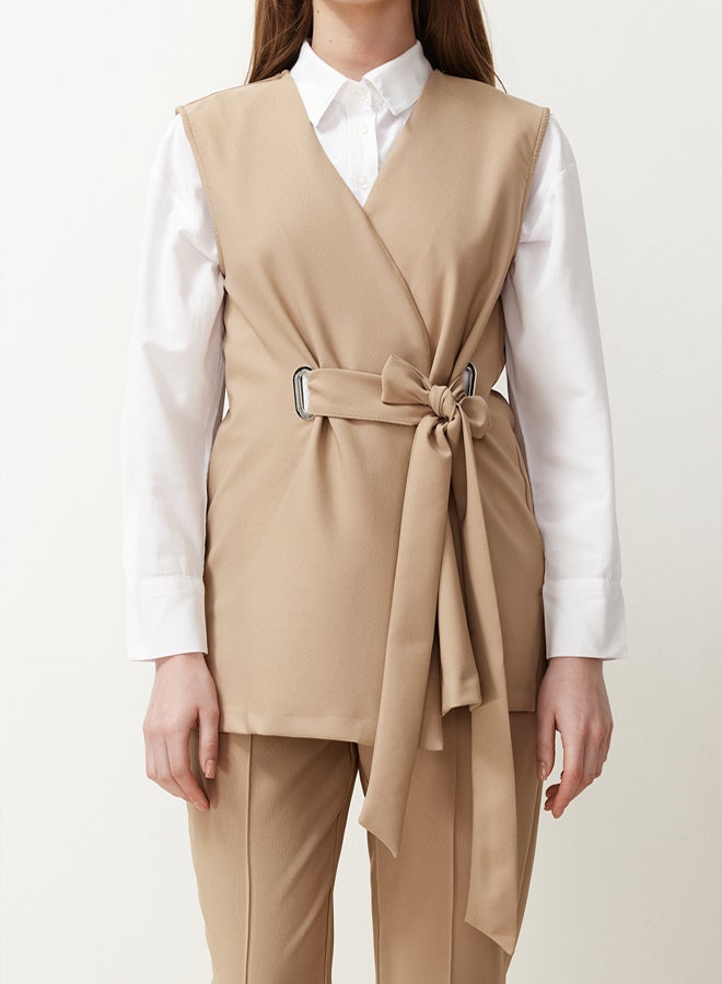 trendyol Camel Accessory Detailed Woven Fabric Vest Trousers Bottom Top Set TCTSS24US00035 - Image 4