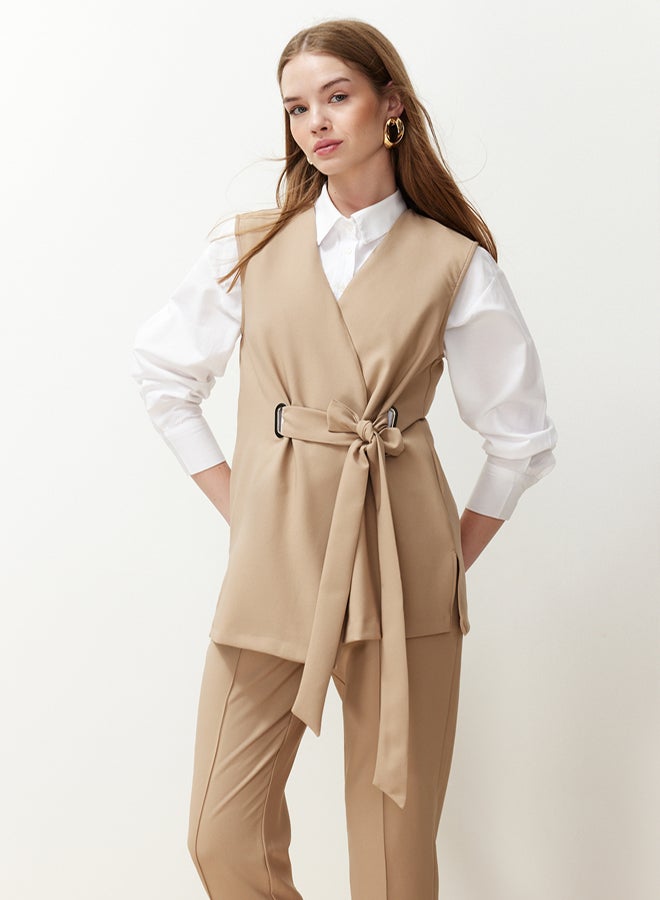trendyol Camel Accessory Detailed Woven Fabric Vest Trousers Bottom Top Set TCTSS24US00035 - Image 3