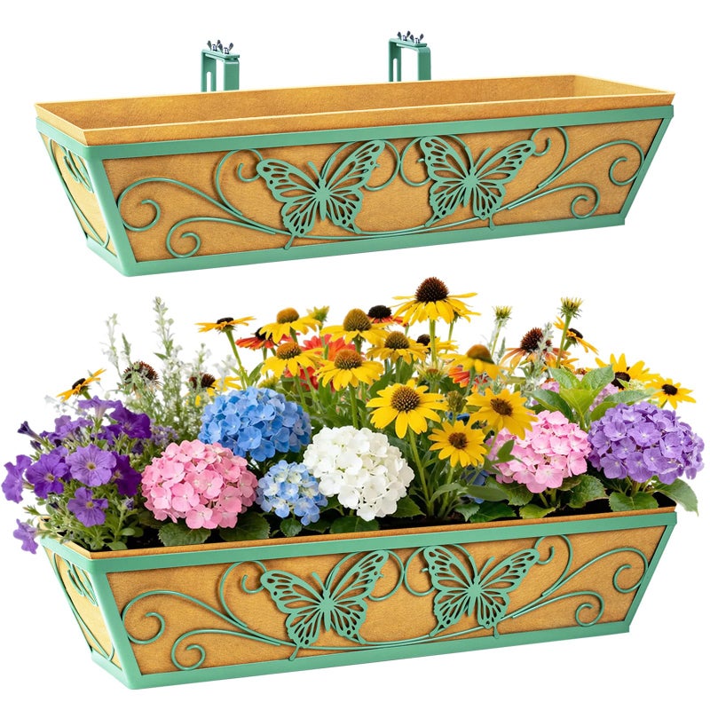 Karlliu 2 Pack 24 Inch Window Boxes Planter Railing Planters Box with Adjustable Brackets for Porch Deck Balcony Hanging Butterfly Decorative Flower Baskets NonWoven Fabric Liner for Outdoor Plants Green - Image 2