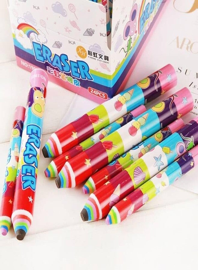 BREEPREE Pencil Shape Erasers for Kids Multicolor Cartoon Printed Rubber | Non Toxic School Stationery | Cute Pencil Top Design | Birthday Return Gift | Party Favor Supplies(Pack of 6Pcs) - Image 1