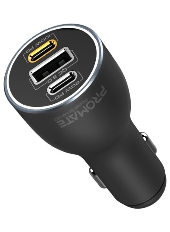 PROMATE Iphone 17, Laptop Car Charger, 120W Heavy-Duty Usb-C Car Adapter With Dual 100W/20W Usb Type-C Power Delivery Ports, 18W Qc 3.0 Usb Port And Surge Protection, Macbook Pro, Powerdrive-120 - Black - Image 1