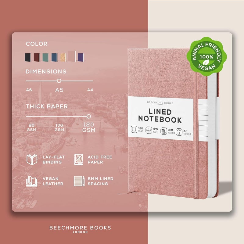 Beechmore Books Lined Journal Notebook, 5.8 x 8.3 inch, A5 160 Lined Pages, Hardcover Leather Journals for Women, Men, Writing and Notebooks for Work - 120 GSM Thick Paper, Gifts Box Included - Image 2
