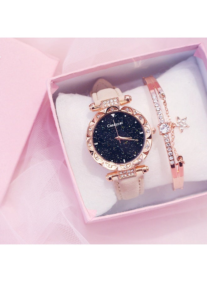 Ladies' diamond studded watch and bracelet set, fashionable and minimalist dial belt, quartz watch, star bracelet gift set - Image 1
