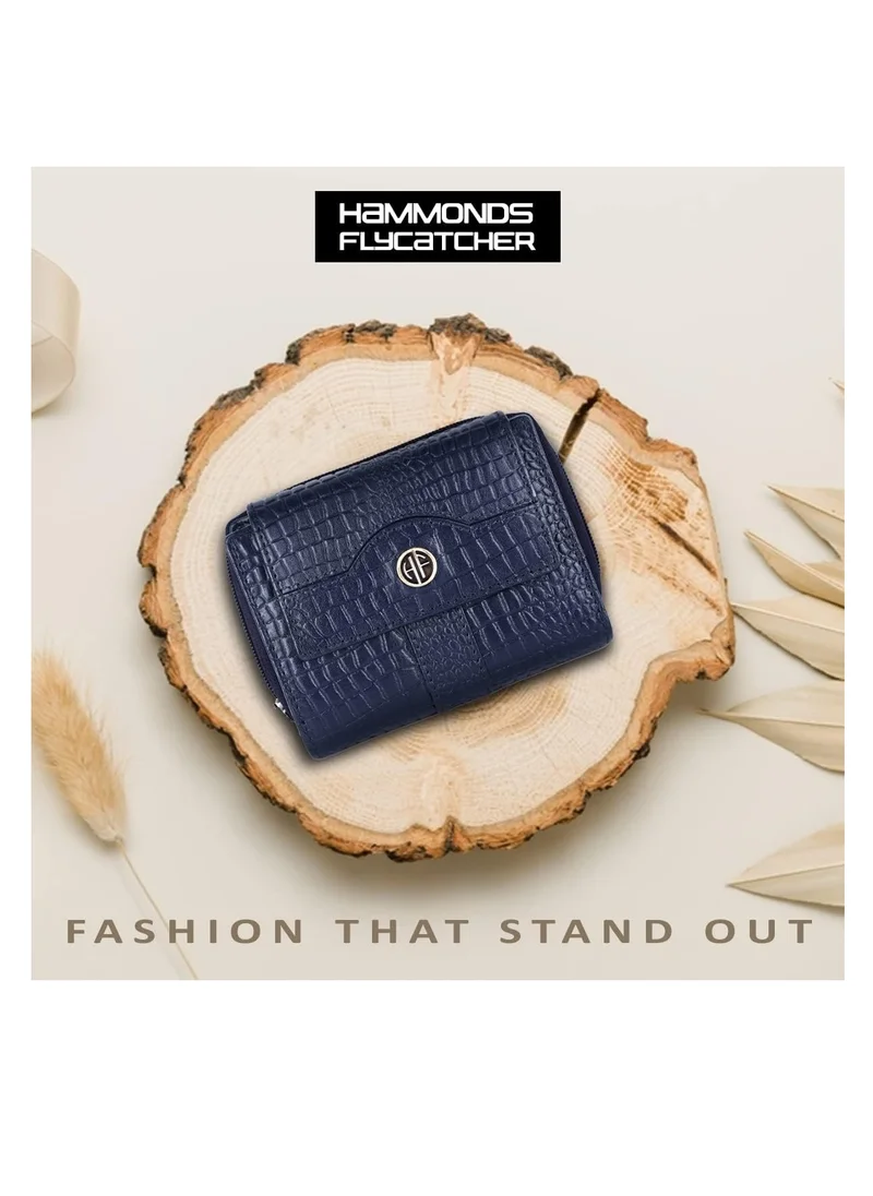 HAMMONDS FLYCATCHER Wallet for Women - Leather Ladies Wallet - Croc Blue - 14 Card Slots - RFID Protection - 3 ID Card Slots - Women's Wallet - Button Closure -Daily Use, Women Money Purse | ZSM3