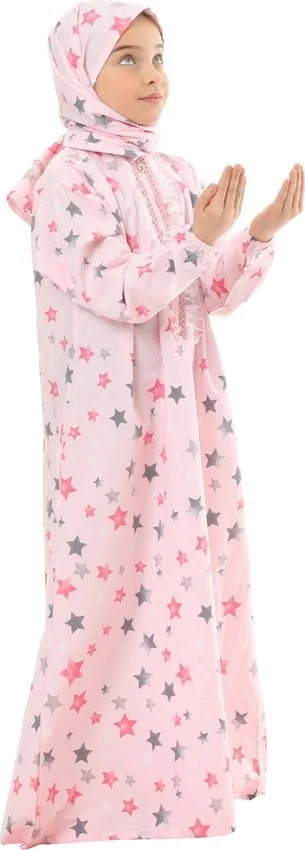 إلانيسا  Practical Zippered Cotton Girls' Prayer Dress Pink Printed