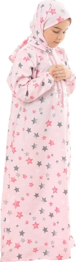 إلانيسا  Practical Zippered Cotton Girls' Prayer Dress Pink Printed