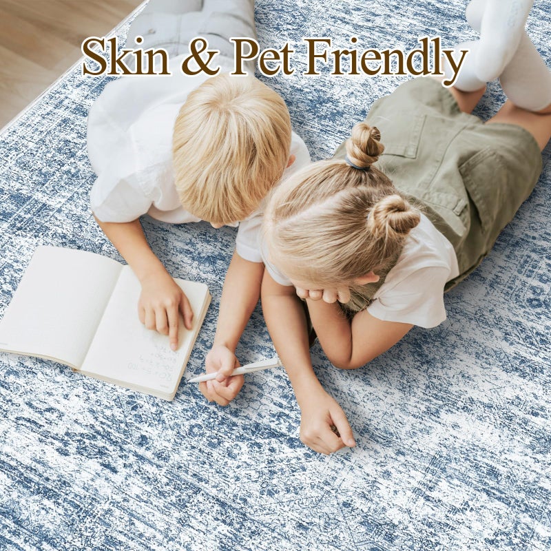 Soalmost 9x12 Area Rugs for Living Room, Non Slip Machine Washable Vintage Rugs, Low Pile Lightweight Large Rug for Bedroom, Dining Room, Home Office Blue - Image 3