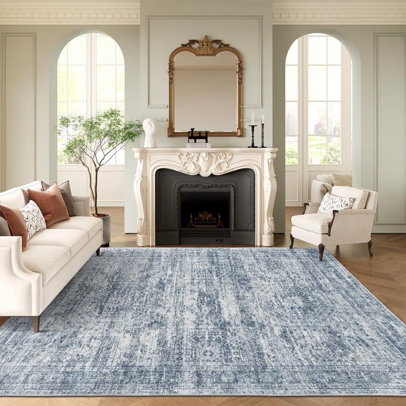 Soalmost 9x12 Area Rugs for Living Room, Non Slip Machine Washable Vintage Rugs, Low Pile Lightweight Large Rug for Bedroom, Dining Room, Home Office Blue - Image 1