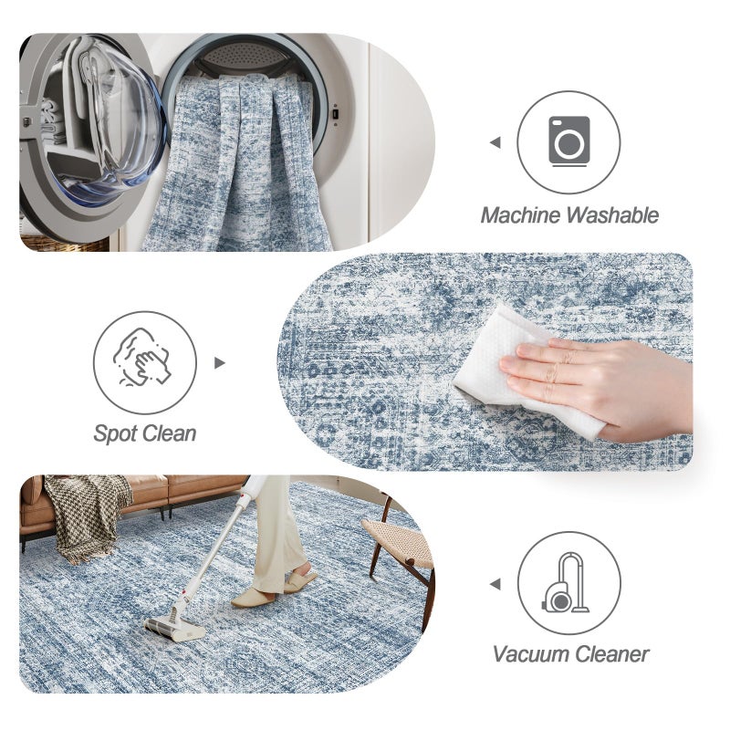 Soalmost 9x12 Area Rugs for Living Room, Non Slip Machine Washable Vintage Rugs, Low Pile Lightweight Large Rug for Bedroom, Dining Room, Home Office Blue - Image 4