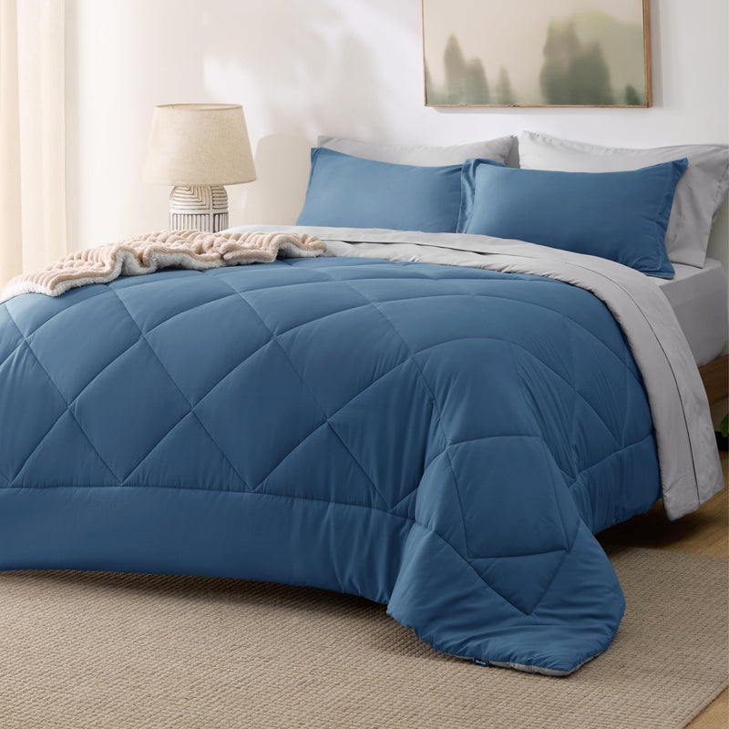 Bedsure Bedsure Queen Comforter Set  7 Pieces Reversible Slate Blue Bedding Queen Size Bed Set for All Seasons Bed in a Bag with Down Alternative Comforter Sheets Pillowcases  Shams 