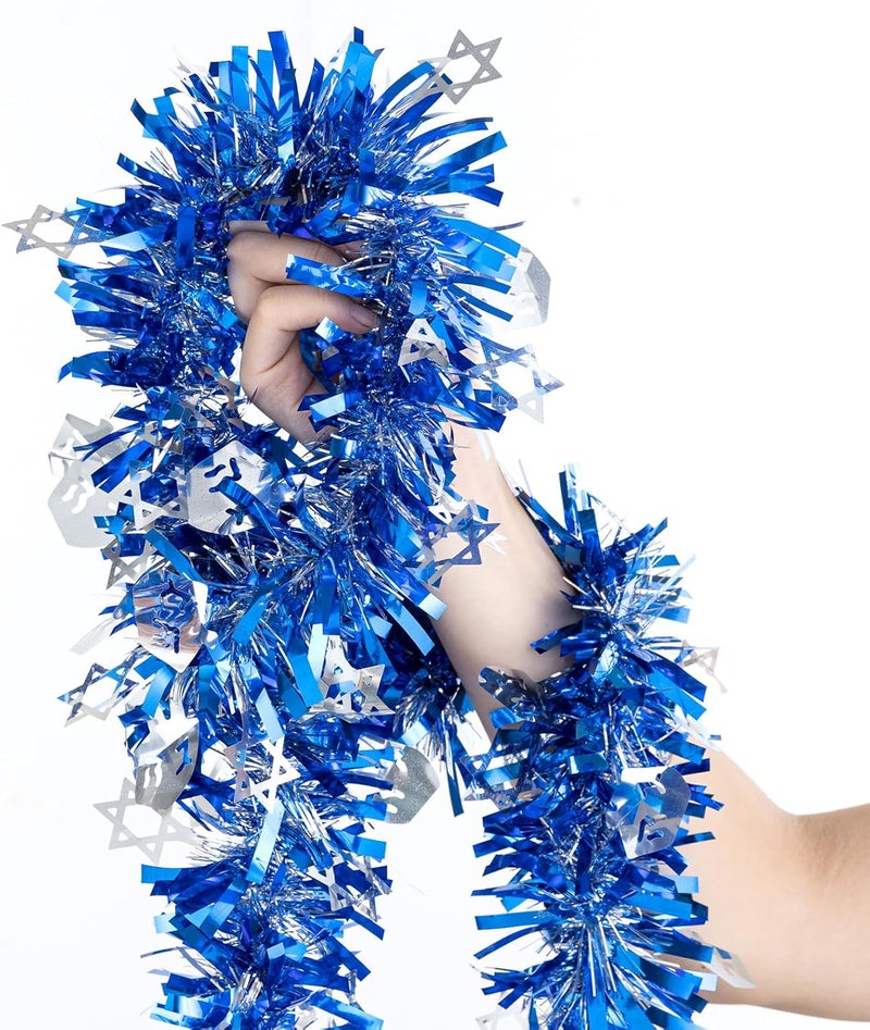 Jocomoni 33ft Hanukkah Tinsel Garland, Blue Silver Metallic Twisted Tinsel Garland with Dreidel Star of David Hanging Garland Decoration for Chanukah Party Tree Fireplace Mantle Home Party Decor - Image 1