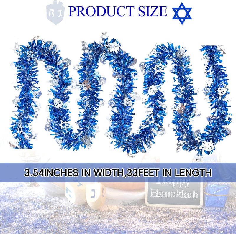 Jocomoni 33ft Hanukkah Tinsel Garland, Blue Silver Metallic Twisted Tinsel Garland with Dreidel Star of David Hanging Garland Decoration for Chanukah Party Tree Fireplace Mantle Home Party Decor - Image 2