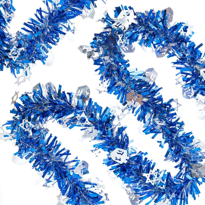 Jocomoni 33ft Hanukkah Tinsel Garland, Blue Silver Metallic Twisted Tinsel Garland with Dreidel Star of David Hanging Garland Decoration for Chanukah Party Tree Fireplace Mantle Home Party Decor - Image 3