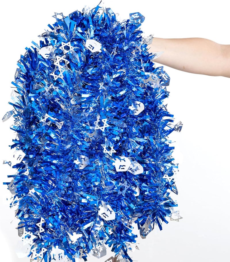 Jocomoni 33ft Hanukkah Tinsel Garland, Blue Silver Metallic Twisted Tinsel Garland with Dreidel Star of David Hanging Garland Decoration for Chanukah Party Tree Fireplace Mantle Home Party Decor - Image 4