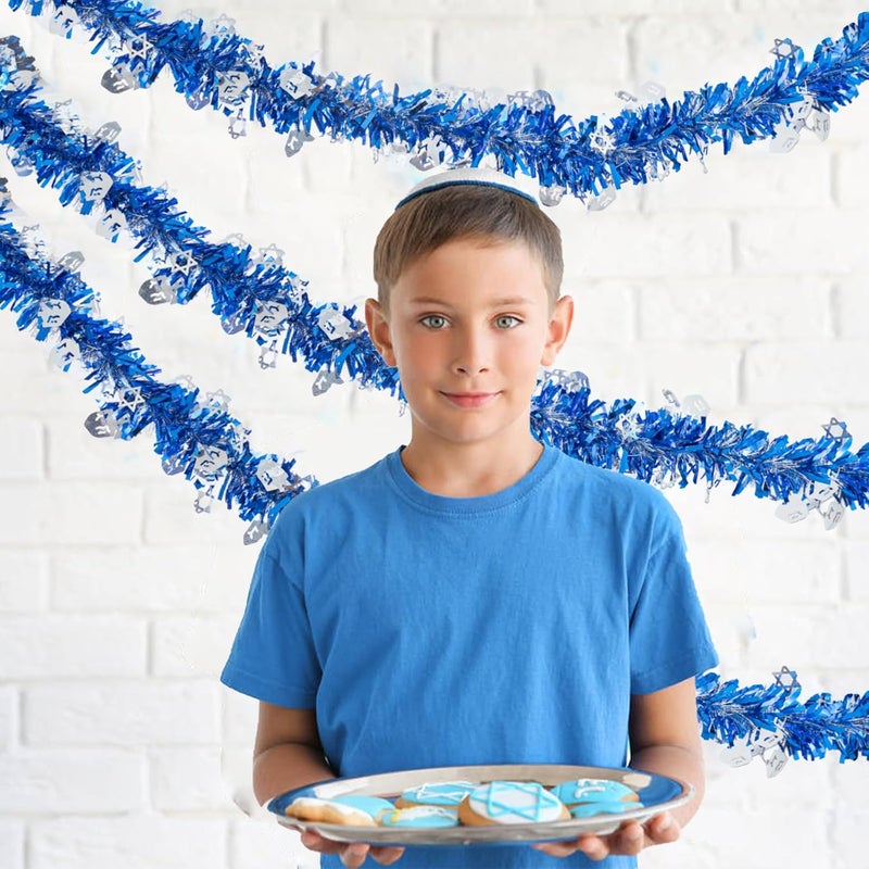 Jocomoni 33ft Hanukkah Tinsel Garland, Blue Silver Metallic Twisted Tinsel Garland with Dreidel Star of David Hanging Garland Decoration for Chanukah Party Tree Fireplace Mantle Home Party Decor - Image 5