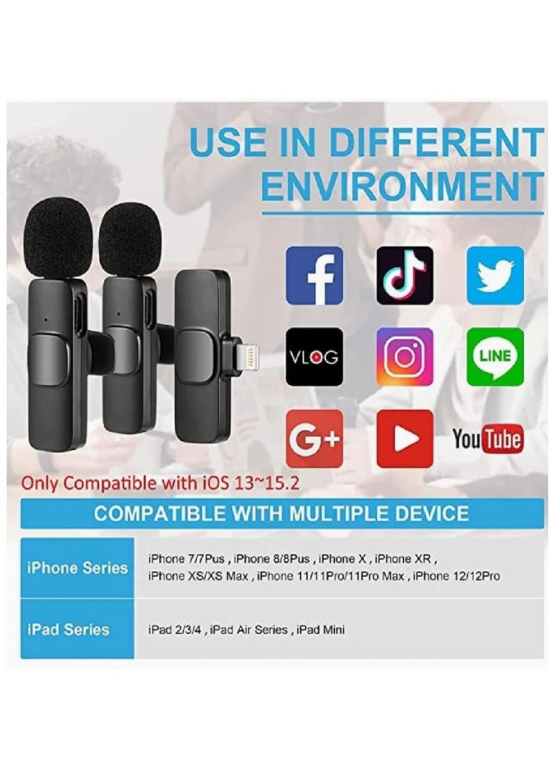 K9 Wireless Lavalier 2 Microphone For iPhone iPad, Wireless Mic Playback Compass For Recording, Live Streaming, YouTube, Tik Tok, Facebook, Auto Noise Reduction Sync