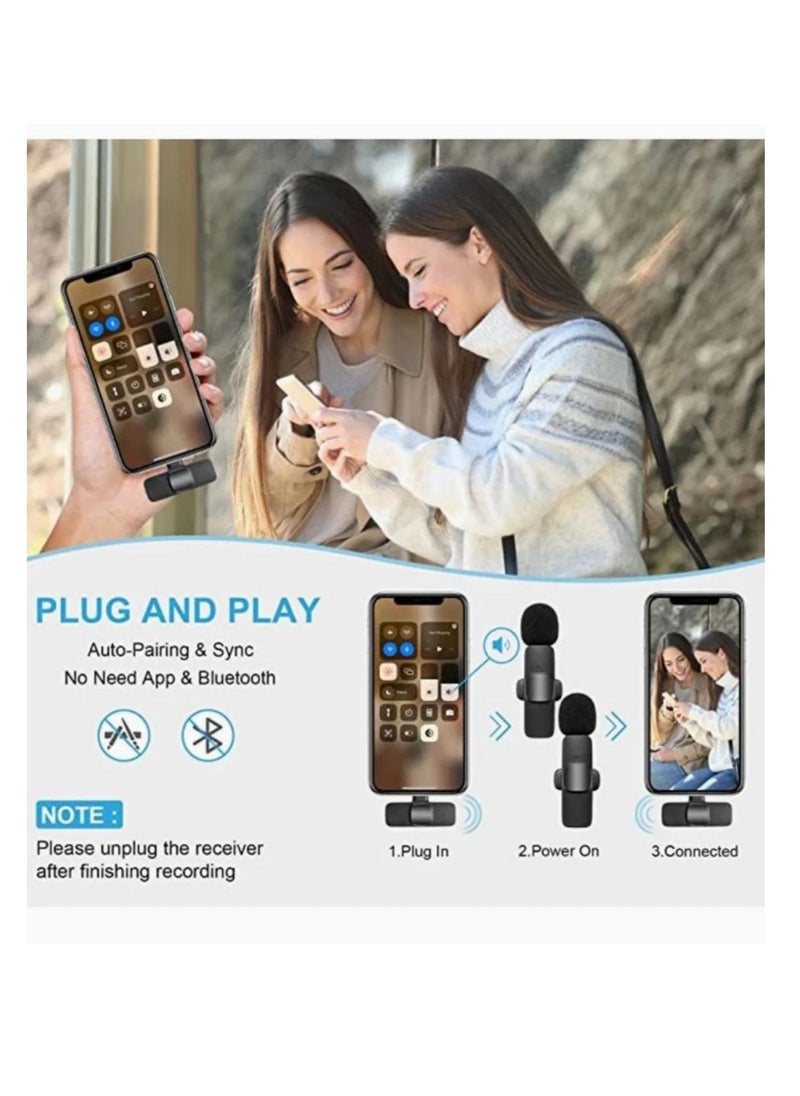 K9 Wireless Lavalier 2 Microphone For iPhone iPad, Wireless Mic Playback Compass For Recording, Live Streaming, YouTube, Tik Tok, Facebook, Auto Noise Reduction Sync